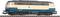 A model train of a diesel locomotive in blue and beige on railway tracks. Locomotive number is '210 005-5' from Deutsche Bahn.