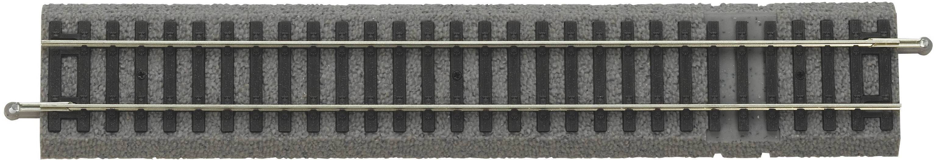 Model railway track section, straight rail with grey track bed. Primarily used for model railways.