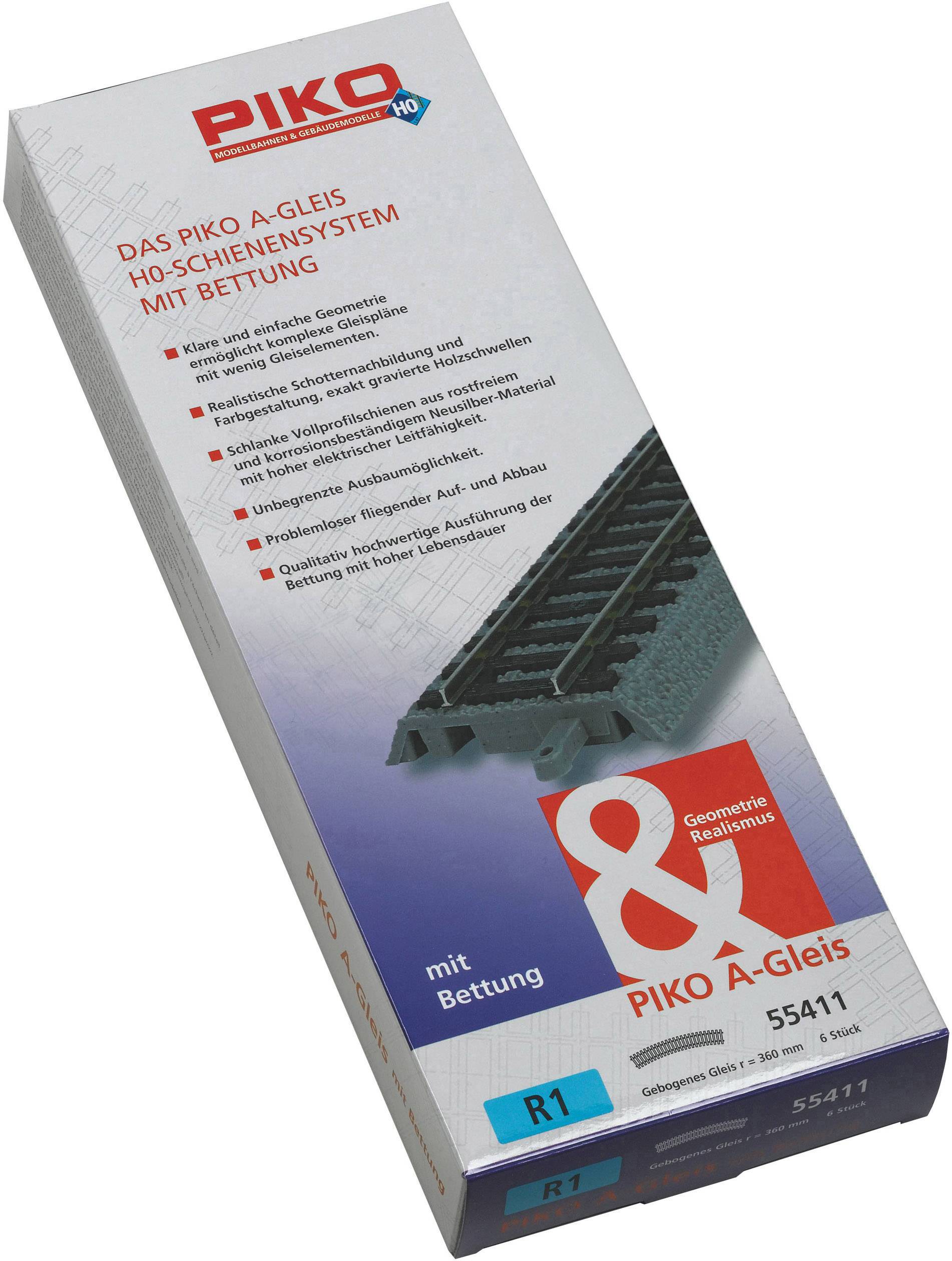 Packaging of a PIKO A-Track H0 rail system with ballast. Contains illustrations and information about the model railway track with article number 55411.