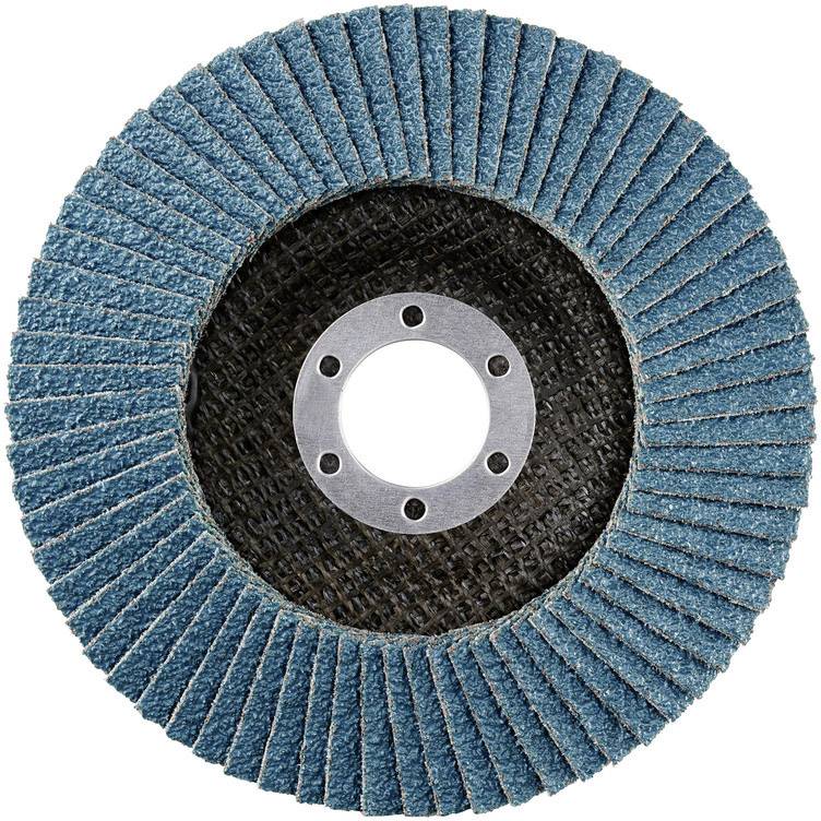 A sanding disc with blue sanding flaps on dark backing material, used for grinding and polishing surfaces.