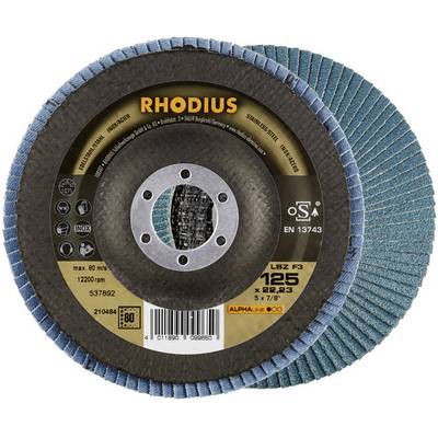 Grinding disc, brand 'RHODIUS', model number 537892, maximum 80 m/s, diameter 125 mm, for metalworking.