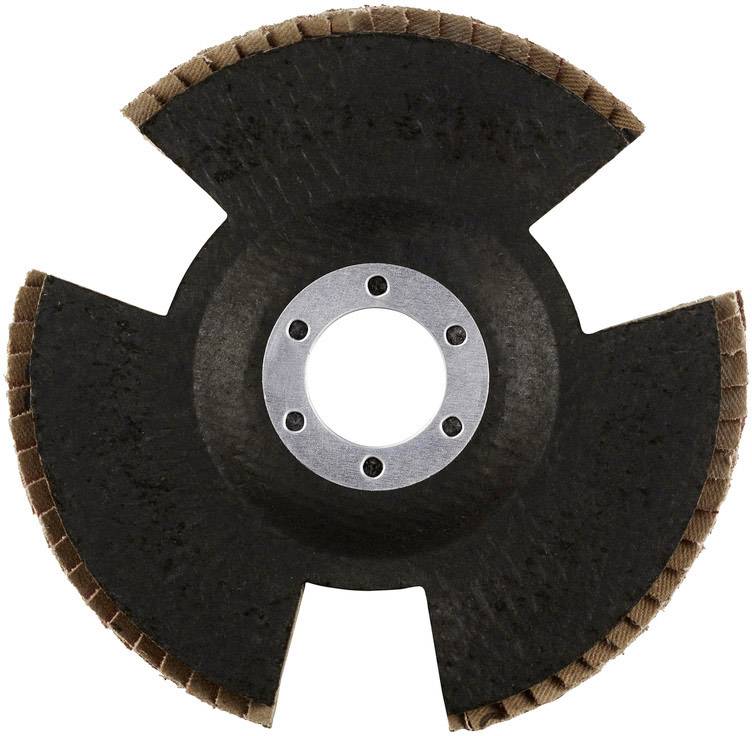 Grinding disc with four segments, central fixing hole, and abrasive edge. Used for grinding or cutting materials.