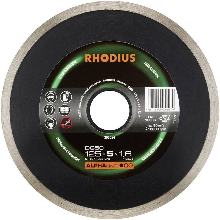Circular saw blade with 'RHODIUS' inscription, 125 mm diameter, for tile cutting, speed up to 80 m/s.