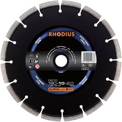 Rhodius circular saw blade, model DG70, for concrete and hard materials, 180 mm diameter, with segmented cutting edges.