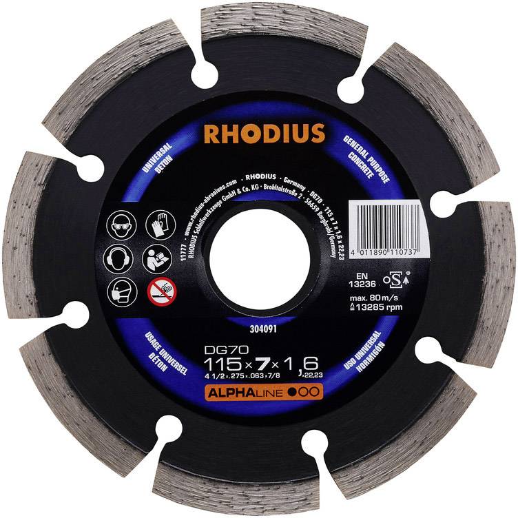 'RHODIUS DG70 115 x 7 x 1.6' cutting disc, suitable for stone materials. Displays safety and usage symbols, max. 80m/s.