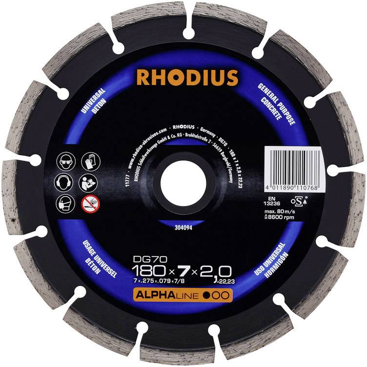 Rhodius grinding disc, model DG70, diameter 180 mm, thickness 2.0 mm. Suitable for metal and concrete with a rotational speed of 8,500 rpm.