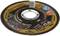 'Rhodius grinding disc. Inscription shows specifications: 115x0.6 mm, suitable for stainless steel. Includes various quality and safety certificates.'