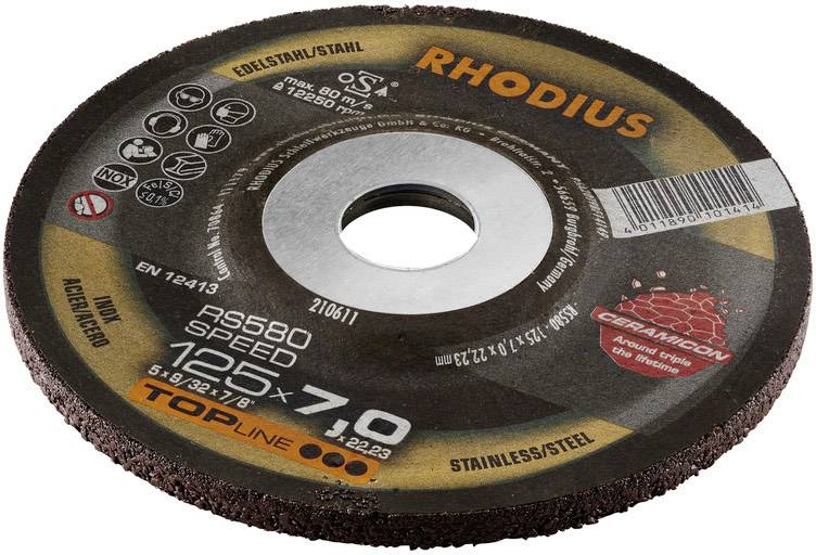 A grinding disc with the inscription 'RHODIUS' and specifications for stainless steel/steel. Shows diameter, thickness, and speed.