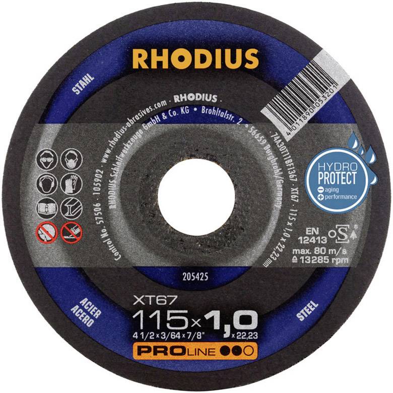 'RHODIUS' cutting disc with dimensions 115 x 1.0 mm, suitable for steel and stainless steel. Excellent with HydroProtect for enhanced performance.