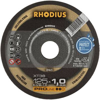 Rhodius grinding disc for stainless steel, 125 mm diameter, 1.0 mm thickness. Certificates and technical data visible on the surface.