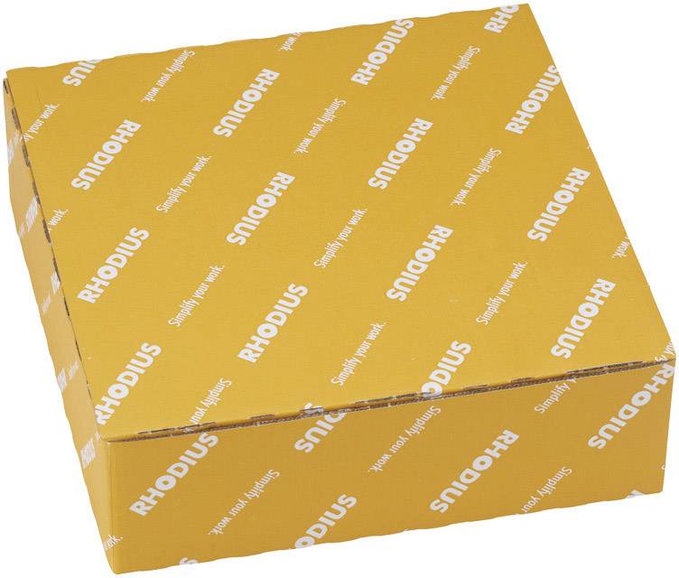 A yellow cardboard box with the inscription 'RHODIUS' and 'Simply perfect' in white text, repeated multiple times on all sides.
