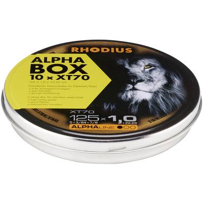 A round pack with the inscription 'RHODIUS ALPHA BOX 10 x XT70', displaying a lion image. Cutting discs for stainless steel/steel.