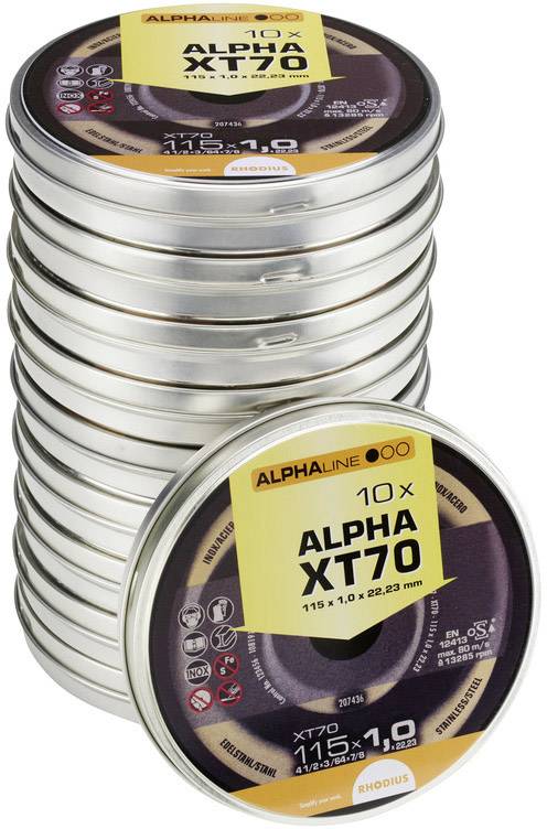 'Stack of 10 Alpha XT70 grinding discs, diameter 115x1.0x22.23 mm, suitable for metalworking, in a transparent packaging.'