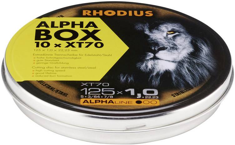 'RHODIUS ALPHA BOX 10 x XT70', a packaging of cutting discs for stainless steel and steel. A lion image is depicted on it.