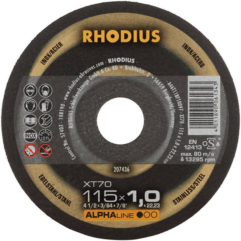 Grinding disc with 'RHODIUS' inscription, diameter 115 mm, for stainless steel and steel, maximum speed 13,285 rpm.