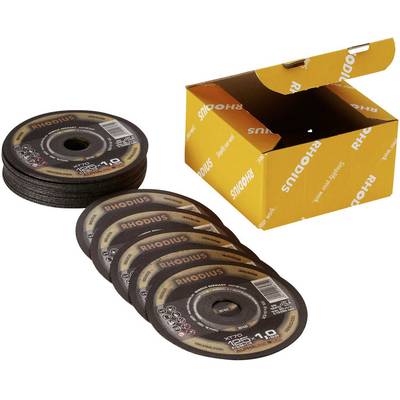 A yellow RHODIUS packaging opened, with several grinding discs stacked and laid out beside it.