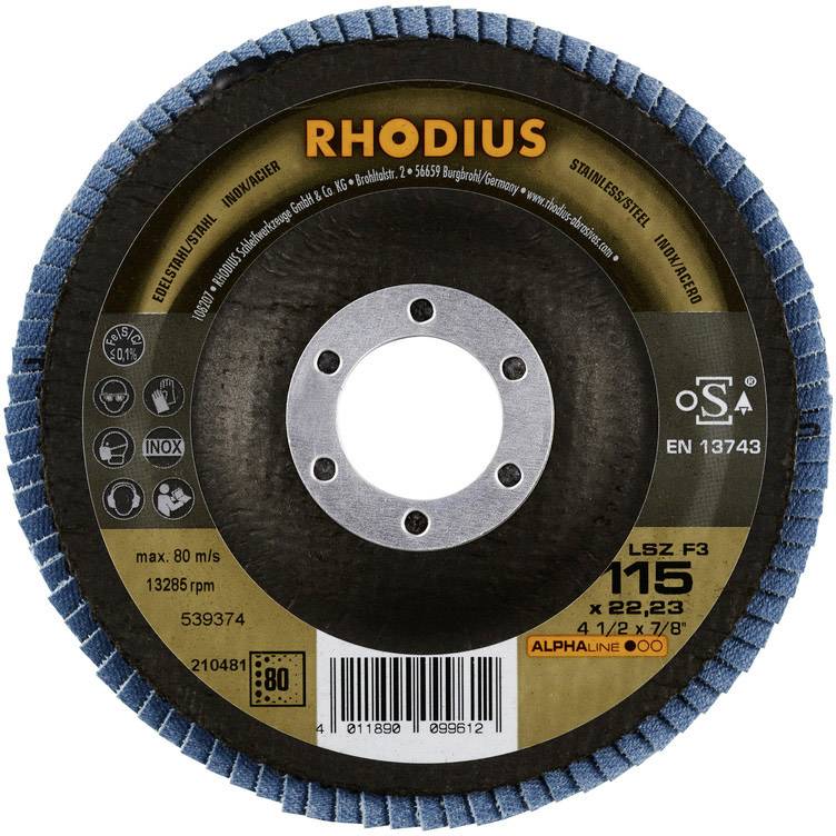 'Rhodius Grinding Disc, 115mm diameter, maximum 80 m/s. Suitable for steel, stainless steel. EN 13743 certified.'