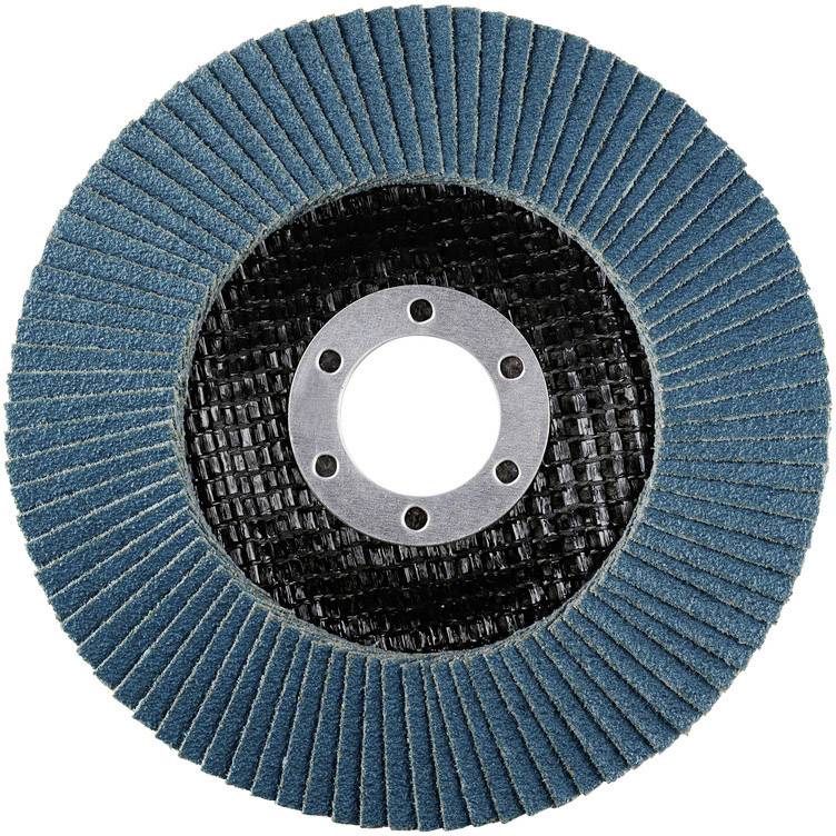 Grinding disc with blue lamellas, black centre and silver metal attachment, used for grinding materials such as metal.