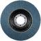 Grinding disc with blue lamellas, black centre and silver metal attachment, used for grinding materials such as metal.
