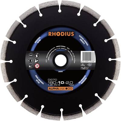 Cutting disc with 'Rhodius' inscription, 180 mm diameter. Suitable for concrete and granite. Safety and usage instructions depicted.