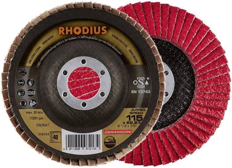 Two grinding discs from Rhodius with red and brown grinding paper. The left one shows technical details, the right one the grinding surface.