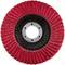 Red grinding wheel with a circular metal centre, multi-layered for efficient grinding, against a white background.