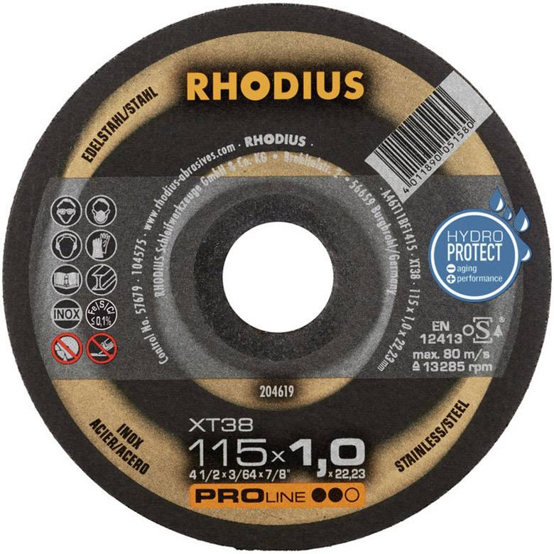 Grinding disc 'RHODIUS XT38' for stainless steel, 115 mm diameter, 1.0 mm thickness, with Hydro Protect for extended durability.