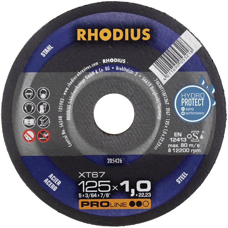 Rhodius grinding disc, model XT67, 125 mm diameter, with Hydro Protect. Suitable for steel and stainless steel, max. 80 m/s.