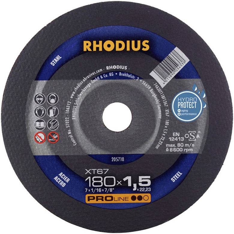 'Disc with inscription "RHODIUS", diameter 180x1.5 mm, suitable for steel and stainless steel. Marking: EN 12413, max. 80 m/s.'