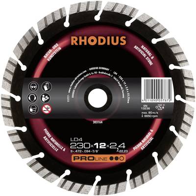 A black cutting disc with a red border, brand 'RHODIUS'. Suitable for concrete and stone materials, diameter 230 mm.
