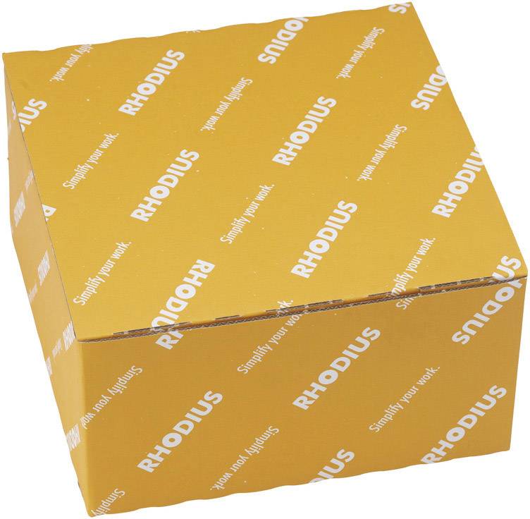 Orange cardboard box with white 'RHODIUS' logo and slogan 'Simplify your work.' printed on it.