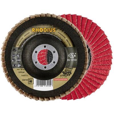 'Two red Rhodius grinding discs with black centre, Flexiamant Super Convex model for metalworking, max. 80 m/s.'
