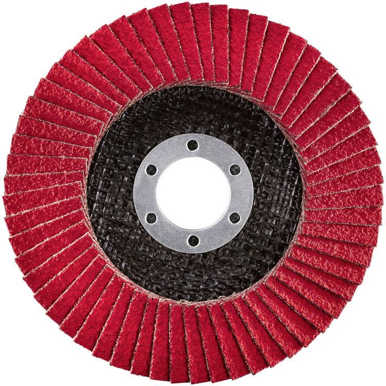 Red abrasive flap disc with radial flaps around a central metal ring, used for grinding or polishing work.
