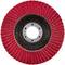 Red abrasive flap disc with radial flaps around a central metal ring, used for grinding or polishing work.