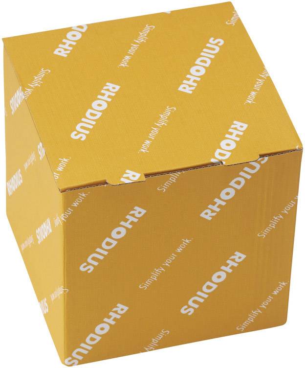 Yellow packaging box with white 'RHODIUS' lettering and the slogan 'Simplify your work'.<br><br>Note: This translation is already in British English and requires no further modification.