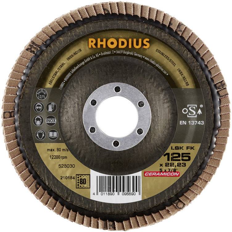 Rhodius grinding disc, model LSK FK, 125 mm diameter, speed 12,200 rpm, for metal machining, with markings.