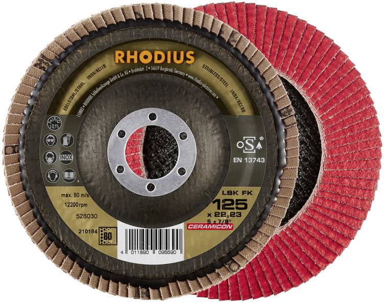 Two overlapping grinding discs with red grinding coating. The top disc shows the brand 'RHODIUS' and important specifications.