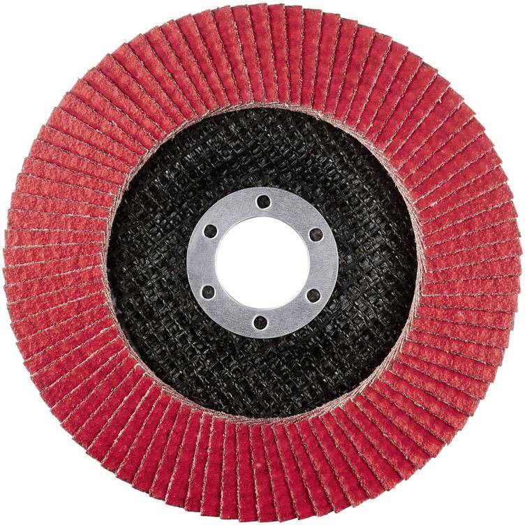 A red abrasive disc with a black centre for angle grinders, used for grinding metal and other materials.