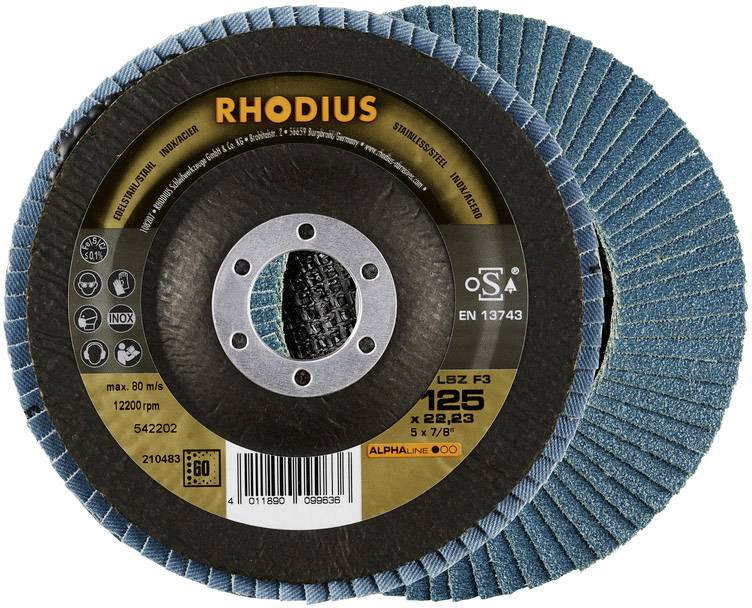 A grinding disc at the front and back. On the front side, it says 'RHODIUS', technical specifications, standards, and safety information.