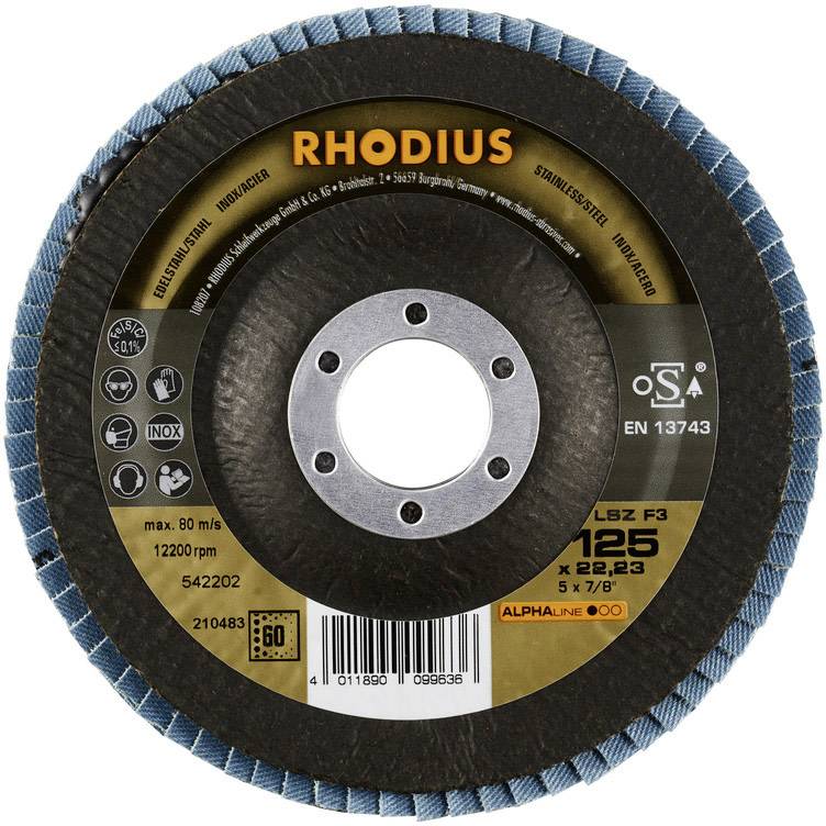 'Rhodius' grinding disc with blue edge, max. 80 m/s, steel application, dimensions 125 x 22.23 mm. Number 210483. CE and OSA marks.