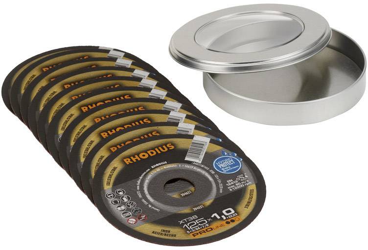 A tin containing nine RHODIUS cutting discs, stacked and positioned side by side. Suitable for 125 mm x 1.0 mm angle grinders.