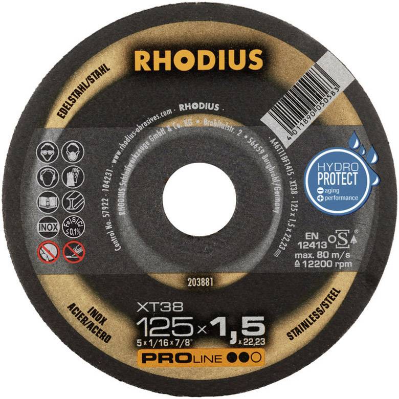 Round grinding disc by Rhodius for metal processing, 125 mm diameter, 1.5 mm thick, suitable for stainless steel and corrosion-resistant steel.