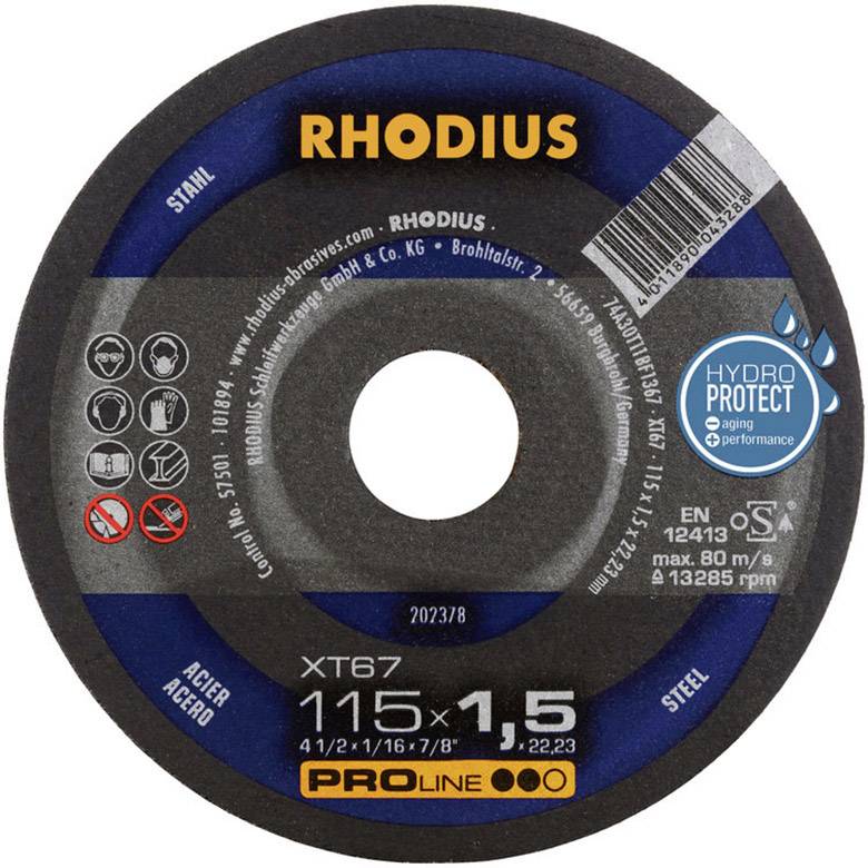 Grinding disc with inscription 'RHODIUS PRO LINE' and specifications: Diameter 115 mm, thickness 1.5 mm, suitable for steel.