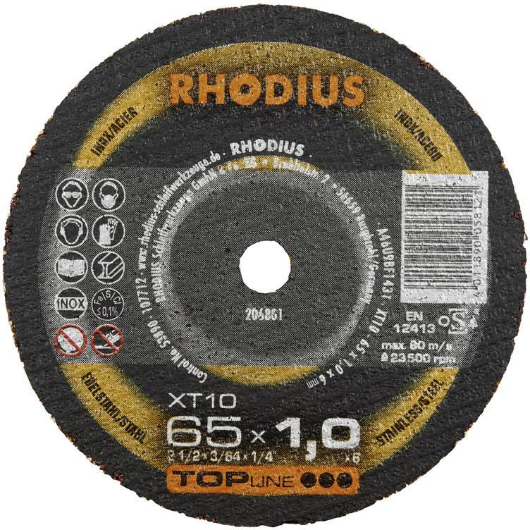 Grinding disc with 'RHODIUS' inscription, diameter 65 mm, thickness 1.0 mm. Suitable for metalworking at 80 m/s.