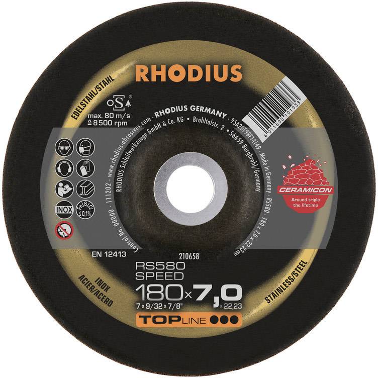 'RHODIUS' grinding disc for stainless steel, 180 mm diameter, 7 mm thickness. Maximum rotational speed 8,500 rpm. Includes safety symbols.