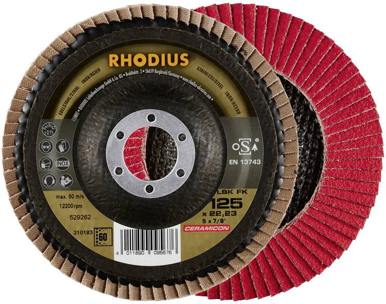 Rhodius grinding disc, model 'LSK FK 125', suitable for stainless steel, max. 80 m/s, 12,200 rpm, 60 and 80 grit.