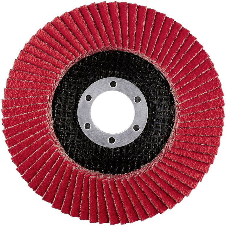 Red circular abrasive pad with a central hole, suitable for surface processing machinery.