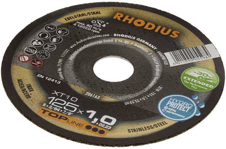 Grinding disc with 'Rhodius' inscription, suitable for stainless steel, 125 mm diameter, 1.0 mm thickness, HydroProtect technology.