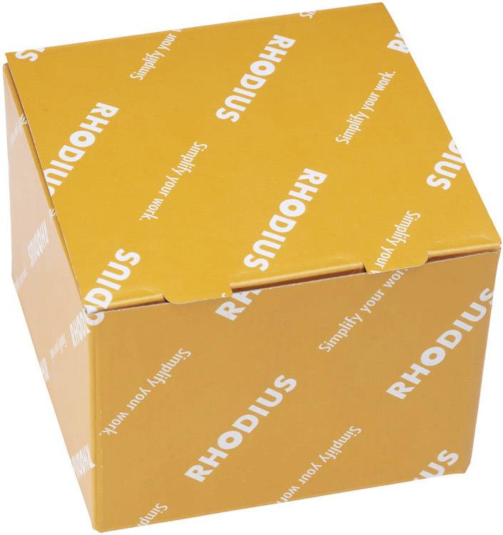 Orange cardboard box with white 'RHODIUS' lettering and slogan 'Simplify your work' on all sides.