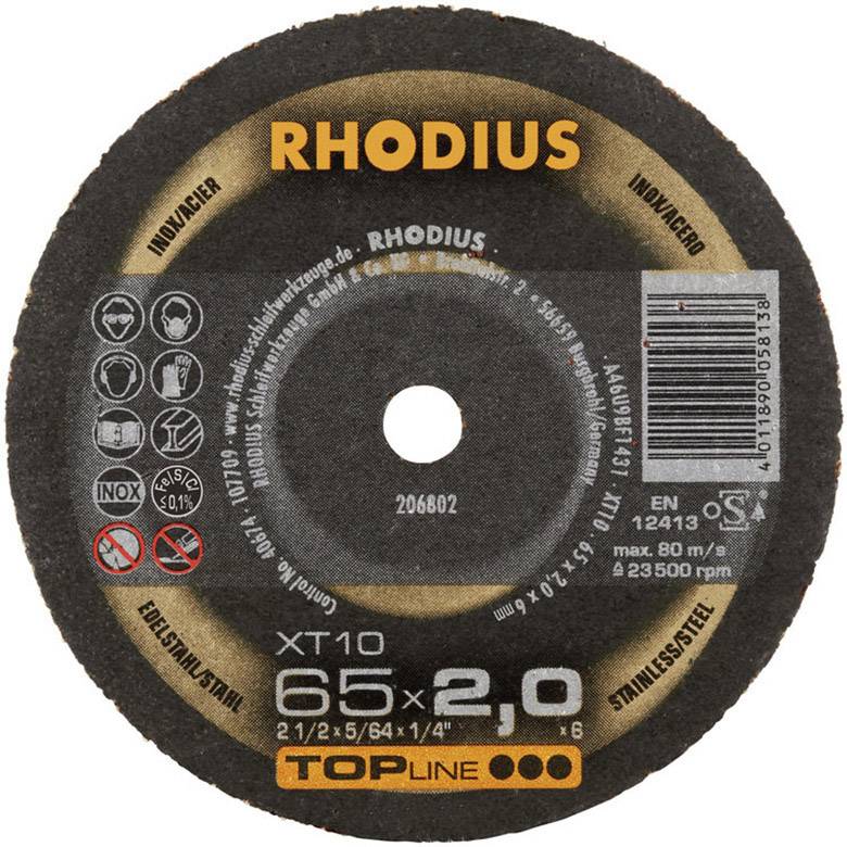 Grinding disc with 'RHODIUS' inscription. Specifications: XT10 65x2.0 mm, maximum rotation 30,800/min. Pictograms and safety instructions present.